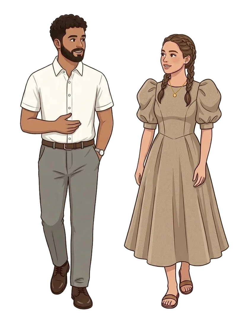 Sample attire for guests: a polo with slacks, and a puff-sleeve dress