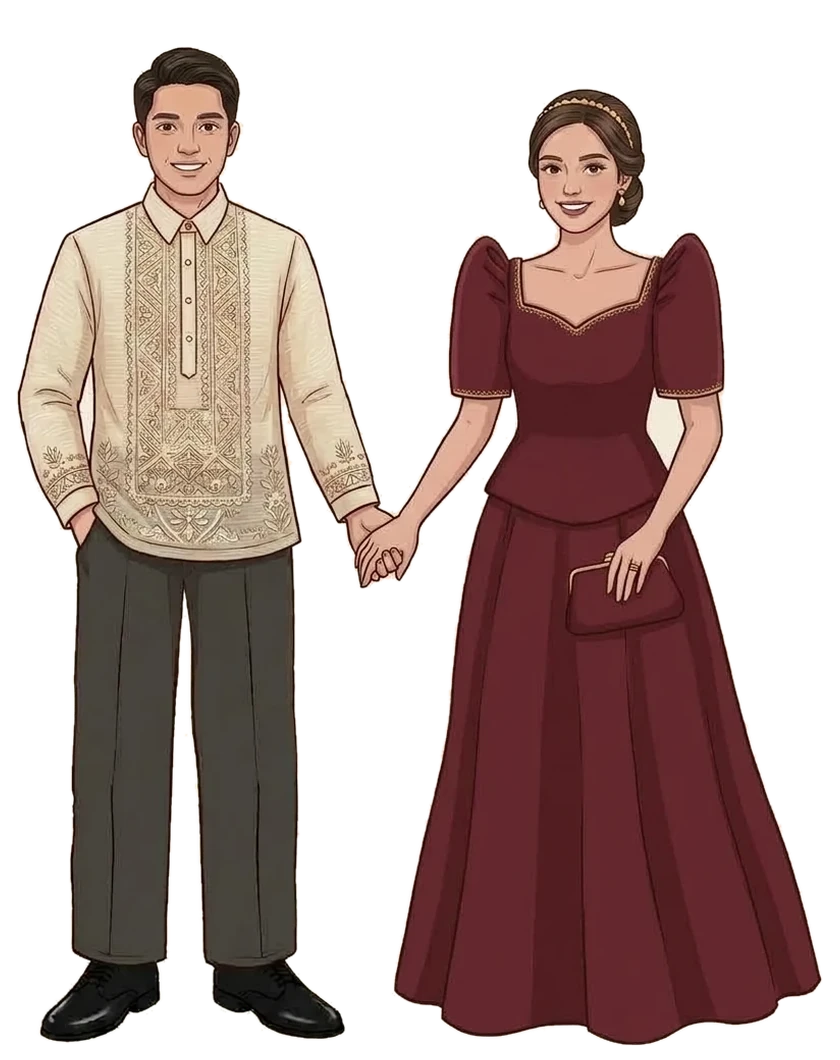 Sample attire for principal sponsors: a cream barong with dark slacks, and a burgundy Filipiniana gown